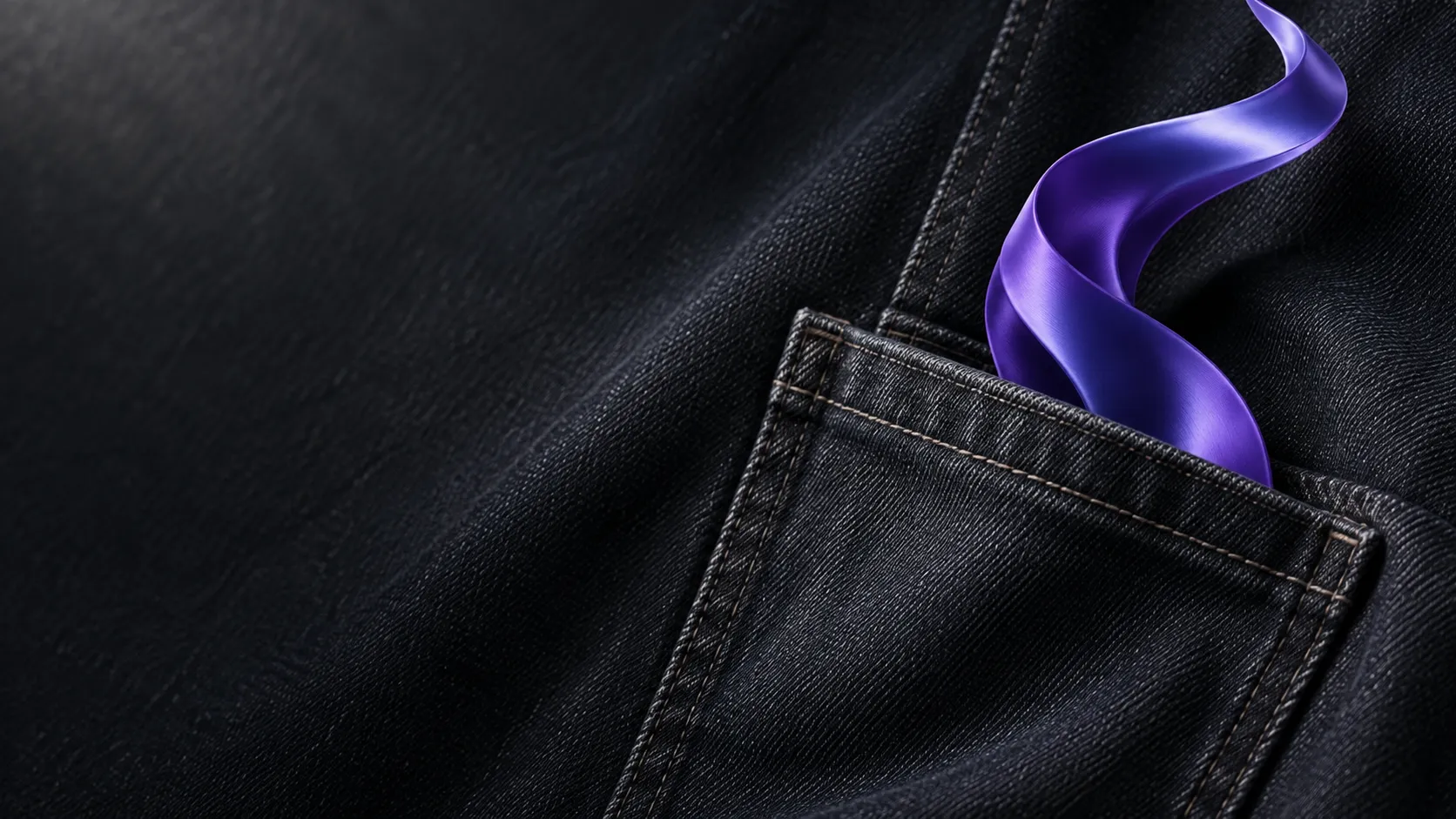 A flowing violet ribbon emerging from a tactile denim pocket, an artistic expression of voice.